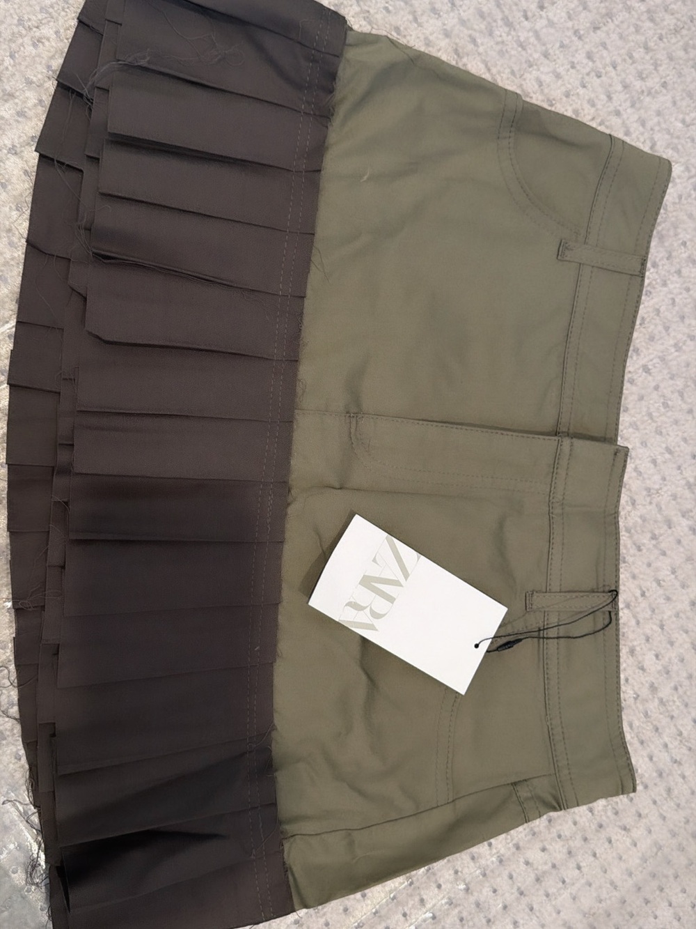 Zara Olive Green Mini Skirt with Black Pleated Hem NWT XS